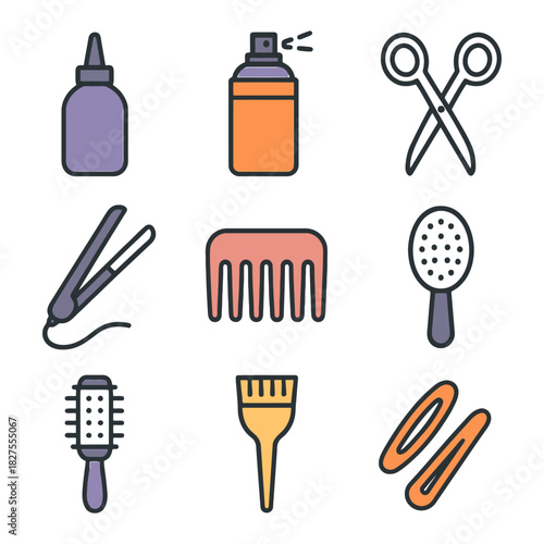 Essential hair styling tools collection: comb, spray, scissors, clips for salon and home use.