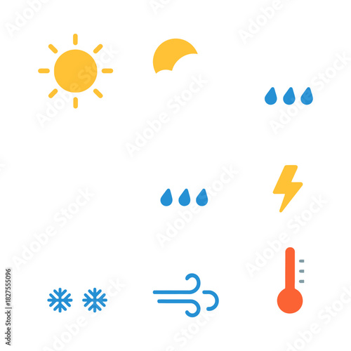 Weather icons set featuring sun, clouds, rain, lightning, snowflakes, wind, and temperature.