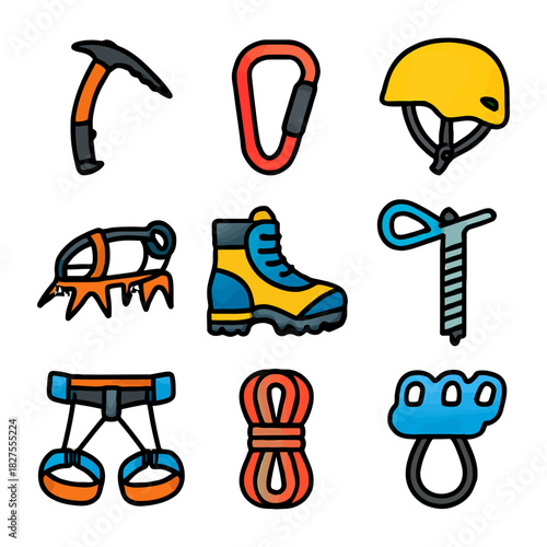 Colorful climbing gear set: ice axe, helmet, rope, crampons, carabiner, boot, anchor, harness, belay.