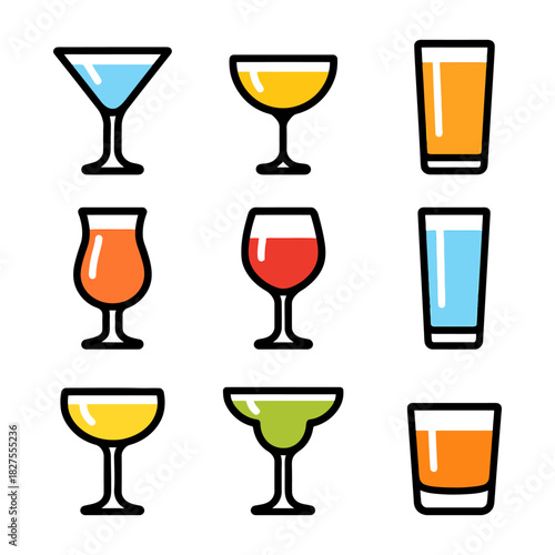Colorful beverage icons featuring various glass styles.