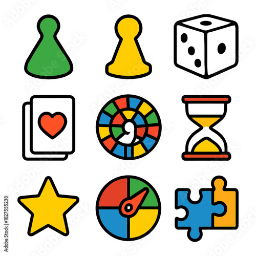 Colorful board game icons including dice, cards, spinner, and puzzle pieces.