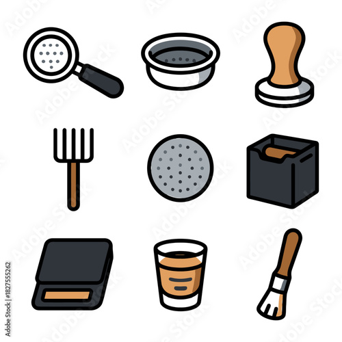 Collection of coffee tools including portafilter, tamper, and espresso cup.