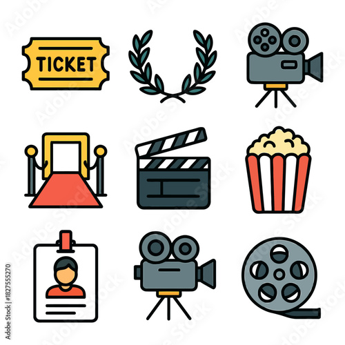 Cinema icons set: ticket, camera, popcorn, red carpet, film reel.