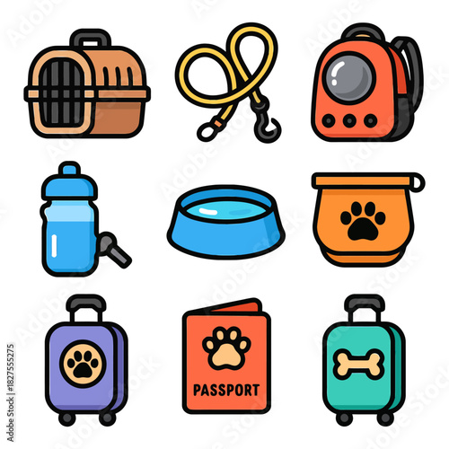 Pet travel essentials: carrier, leash, backpack, water bottle, bowl, food container, passport, suitcases.