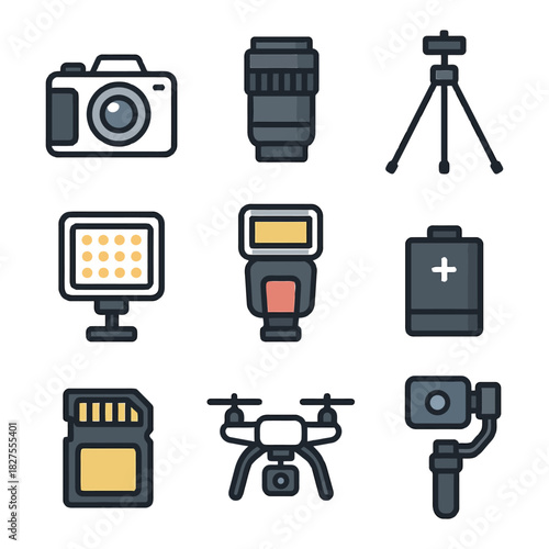 Photography equipment set: camera, lens, tripod, light, flash, battery, sd card, drone, stabilizer.