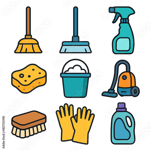 Colorful cleaning tools illustration: broom, mop, spray bottle, sponge, vacuum, gloves.