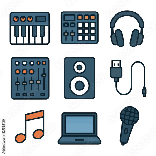 Music studio equipment icons: keyboard, drum pad, headphones, mixer, speaker, usb, note, laptop, microphone.