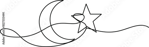 Geometric One Line Moon with Sharp Star.