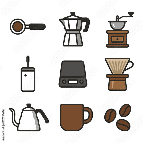 Coffee brewing tools collection: kettle, grinder, dripper, mug, moka pot.