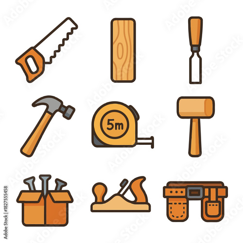 Carpentry tools illustrations: hammer, saw, chisel, tape measure, wood, toolbox.