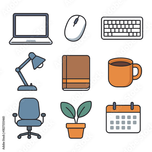 Office essentials: laptop, mouse, keyboard, lamp, notebook, coffee mug, chair, plant, calendar.