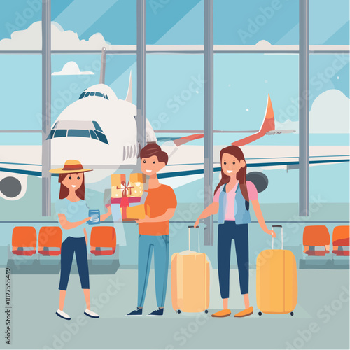 Happy travelers in airport lounge with luggage and gifts, excited for vacation and celebrations