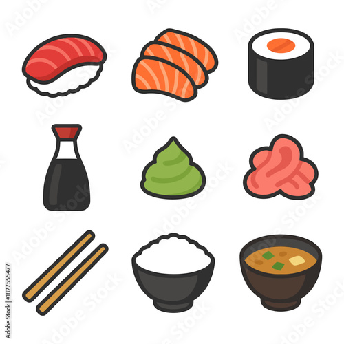 Assorted sushi icons: nigiri, sashimi, wasabi, soy sauce, miso soup.