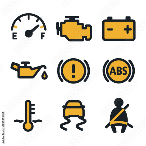 Essential vehicle dashboard icons: fuel, engine, battery, oil, brake, abs, temperature, and seatbelt.