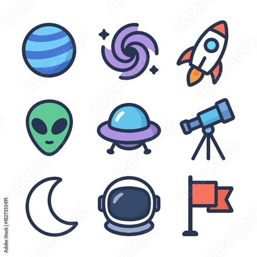 Space exploration icons: planet, galaxy, rocket, alien, ufo, telescope, moon, astronaut, flag.