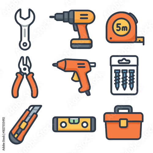 Set of cartoon hand tools including drill, tape measure, pliers, and toolbox.