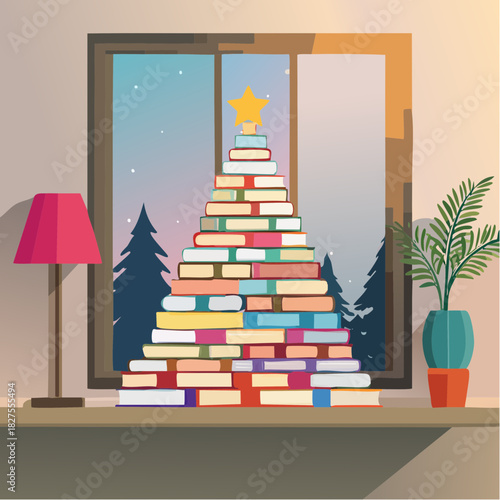 Flat vector Unique Christmas tree from colorful stacked books on a windowsill, with a warm lamp and snowy night view, celebrating holiday reading and knowledge