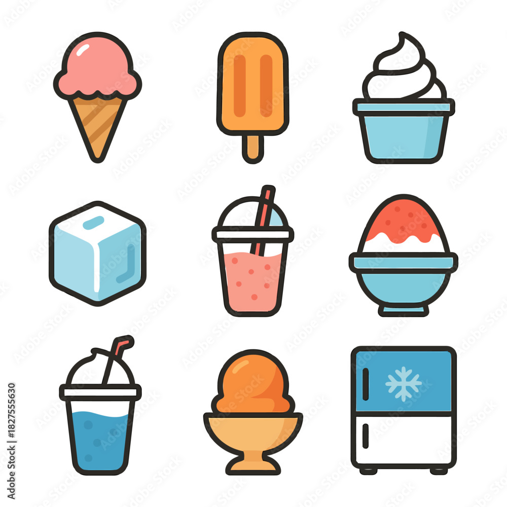 Fototapeta premium Cartoon ice cream icons: variety of frozen treats and desserts.