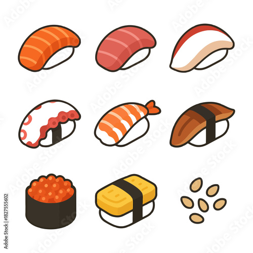 Variety of sushi: nigiri, maki, and temaki icons on white background.
