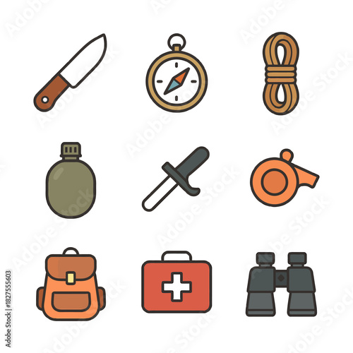 Essential camping equipment set featuring knife, compass, rope, and more outdoor adventure gear.