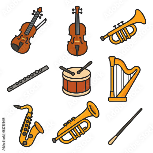 Collection of musical instruments: violin, trumpet, flute, drums, and harp.