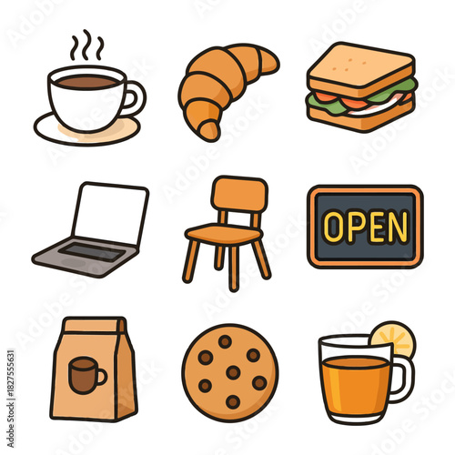 Café items: coffee, croissant, sandwich, laptop, chair, open sign, takeout bag, cookie, lemon tea.