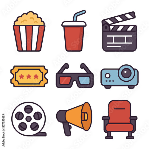 Cinema elements: popcorn, drink, film reel, clapboard, ticket, 3d glasses, projector, megaphone, theater seat.