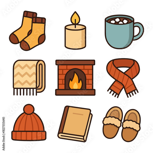 Cozy winter essentials: socks, candle, hot drink, blanket, fireplace, scarf, hat, book, slippers.