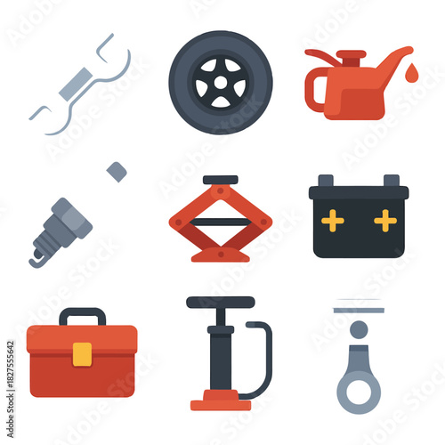 Automotive tool kit icons: wrench, tire, oil can, spark plug, battery, toolbox, jack.