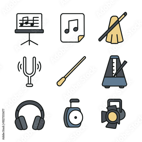 Musical instruments and accessories icons set.