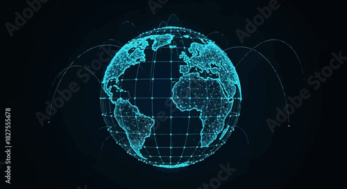 A futuristic digital illustration of a globe with neon blue lines on a