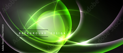 Abstract green lines form dynamic curves, glowing shapes. Dark background enhances vibrant energy, modern design element.