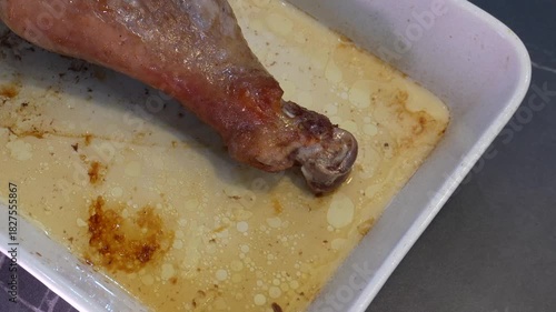 Cooking a turkey, roasting a turkey leg. A close-up of a turkey leg after roasting in the oven.