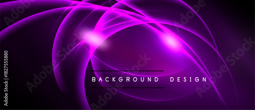 Abstract purple waves, glowing lines create dynamic background. Text reads background design. Dark space dominates image.