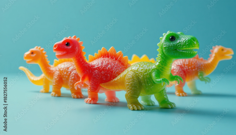 Naklejka premium Colorful toy dinosaurs in row on blue background, showcasing vibrant red, green, and orange hues. playful arrangement and bright colors evoke sense of fun and creativity