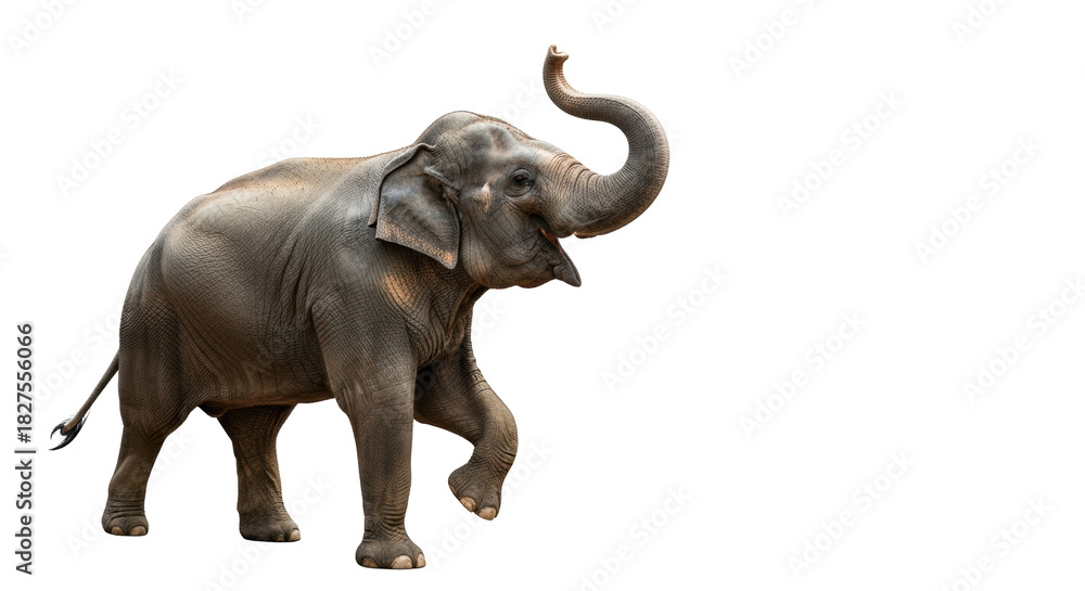 Obraz premium Adult Asian elephant with textured grey skin mid-stride, trunk curled trumpeting joyfully, isolated on a transparent studio background with copy space. Concept of triumph and breakthrough