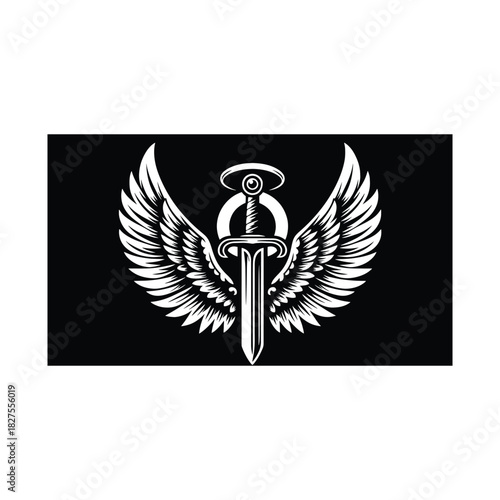 Winged Sword Emblem – Black and White Vector Illustration