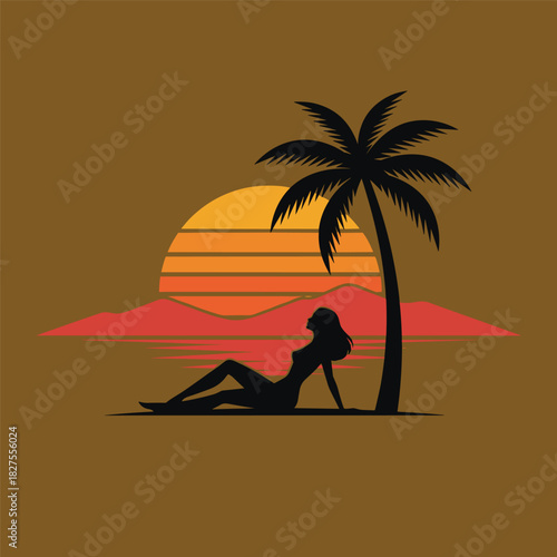 Peaceful silhouette of a woman sitting beneath a palm tree with a warm sunset and distant mountains in the background.