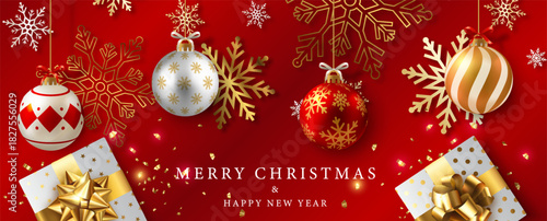 A luxury Christmas celebrated greeting card and banner poster with Christmas balls hanging, gift box in realistic style, wording of event and example texts on snowflake decorated and red background.
