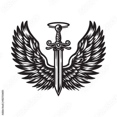 Winged Sword Emblem – Black and White Vector Illustration