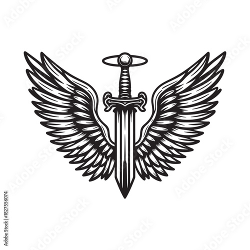 Winged Sword Emblem – Black and White Vector Illustration