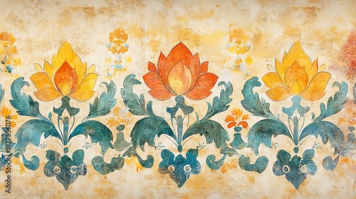 Vibrant watercolor floral border pattern in indian mughal style with stylized lotus flowers and foliage on a textured beige background