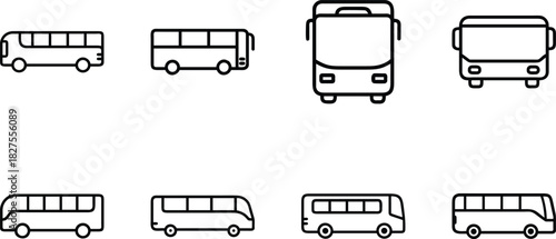 Flat Line Vehicle Icon Set – Taxi Car Icon, Bus Icon, SUV Icon, Sedan Taxi Icon – Minimal Outline Transport Icons for Web, App UI, Delivery, Automotive Design