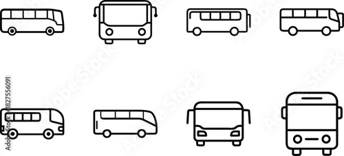 Flat Line Vehicle Icon Set – Taxi Car Icon, Bus Icon, SUV Icon, Sedan Taxi Icon – Minimal Outline Transport Icons for Web, App UI, Delivery, Automotive Design