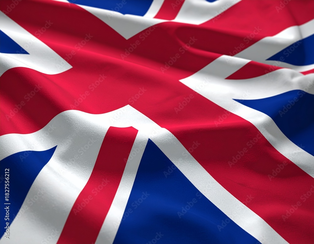 Fototapeta premium Vibrant Union Jack Flag Waving in the Wind, Symbolizing British Heritage and Patriotism.