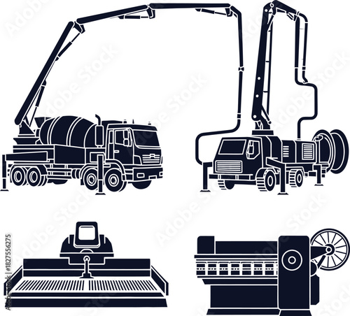 Set of Silhouette Industrial Machinery and Concrete Trucks Keywords: industrial machinery, concrete mixer, concrete pump truck