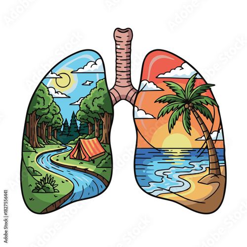 Artistic lungs showing a mountain campsite connected to a bright tropical beach, portraying balance between adventure, nature, and relaxation
