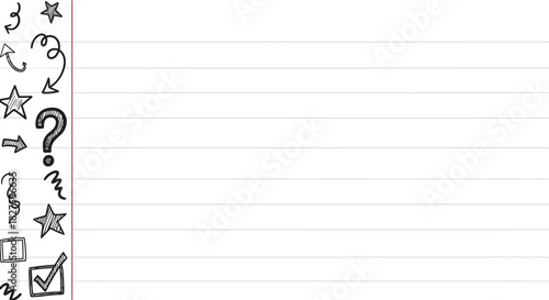 Lined paper with various symbols and icons on the left margin