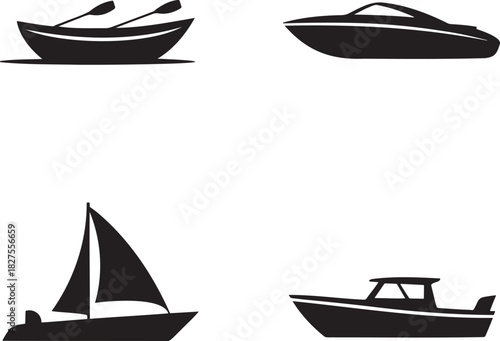 Boat Silhouette Vector Set – Rowboat, Speedboat, Sailboat, and Motorboat Icons 