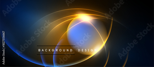 Abstract design features glowing circles, vibrant blue, gold hues. Dark background emphasizes luminosity, creating modern visual effect.